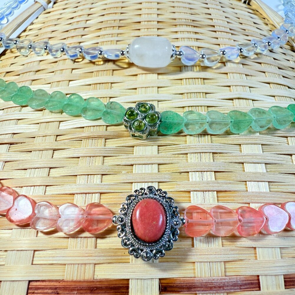 Heart Crystal Choker Necklace – Strawberry Quartz / Green Aventurine / Opalite